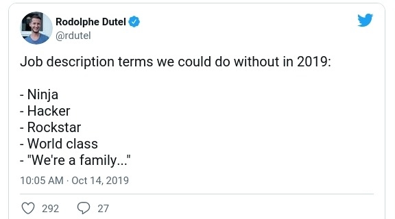 Rodolphe Dutel tweeting critiquing imaginary job roles in job ads